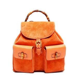 Gucci Orange Suede Backpack with Bamboo Accent